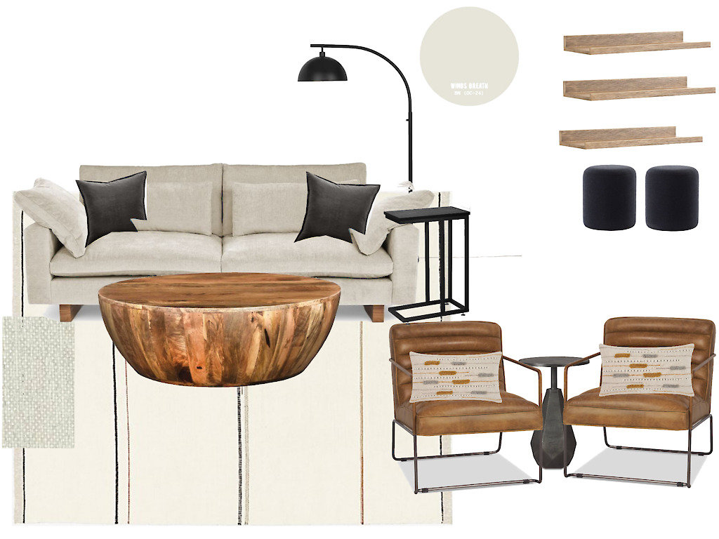 Mood board showing a family room with a couch and two chairs
