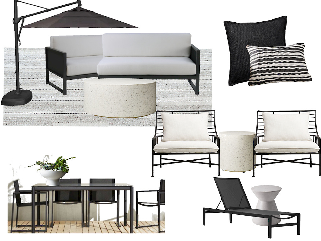 Mood board for a backyard with black trimmed furniture a couch a table and chairs and a lounge chair