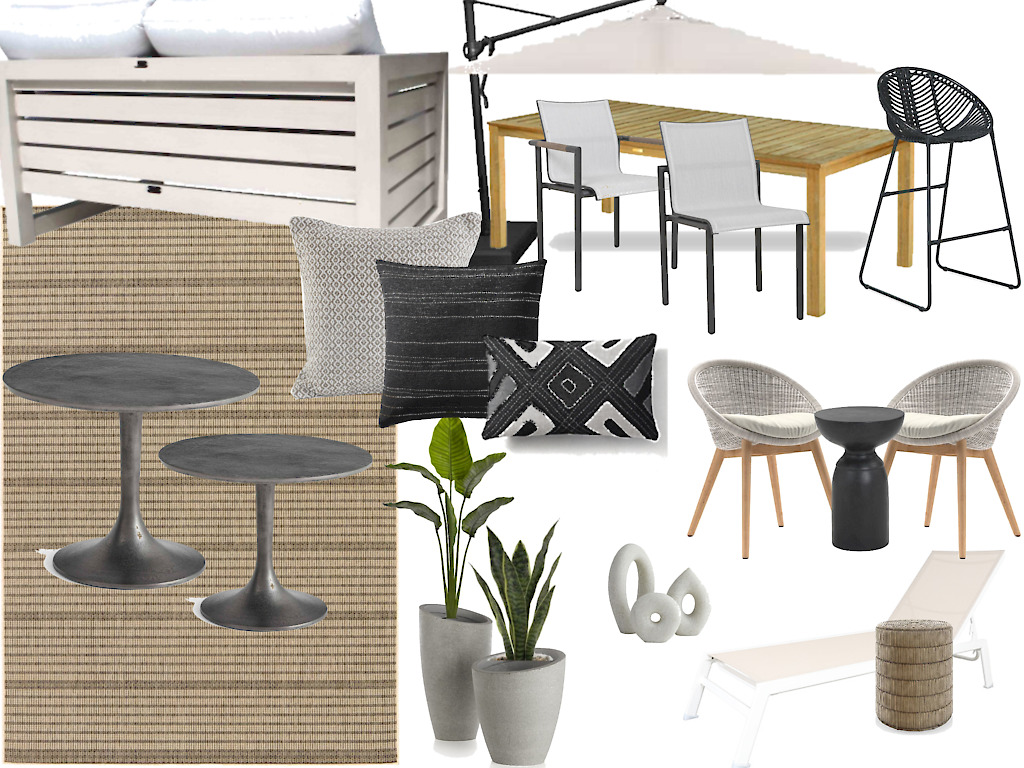 Scandinavian backyard mood board with a table couch and side tables
